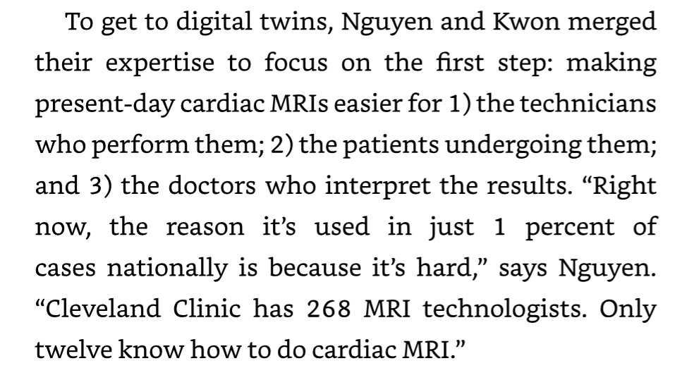 AI for Good excerpt: Nguyen and Kwon start digital twins by making cardiac MRIs easier; Cleveland Clinic has 268 MRI technologists and only twelve know how to do cardiac MRI