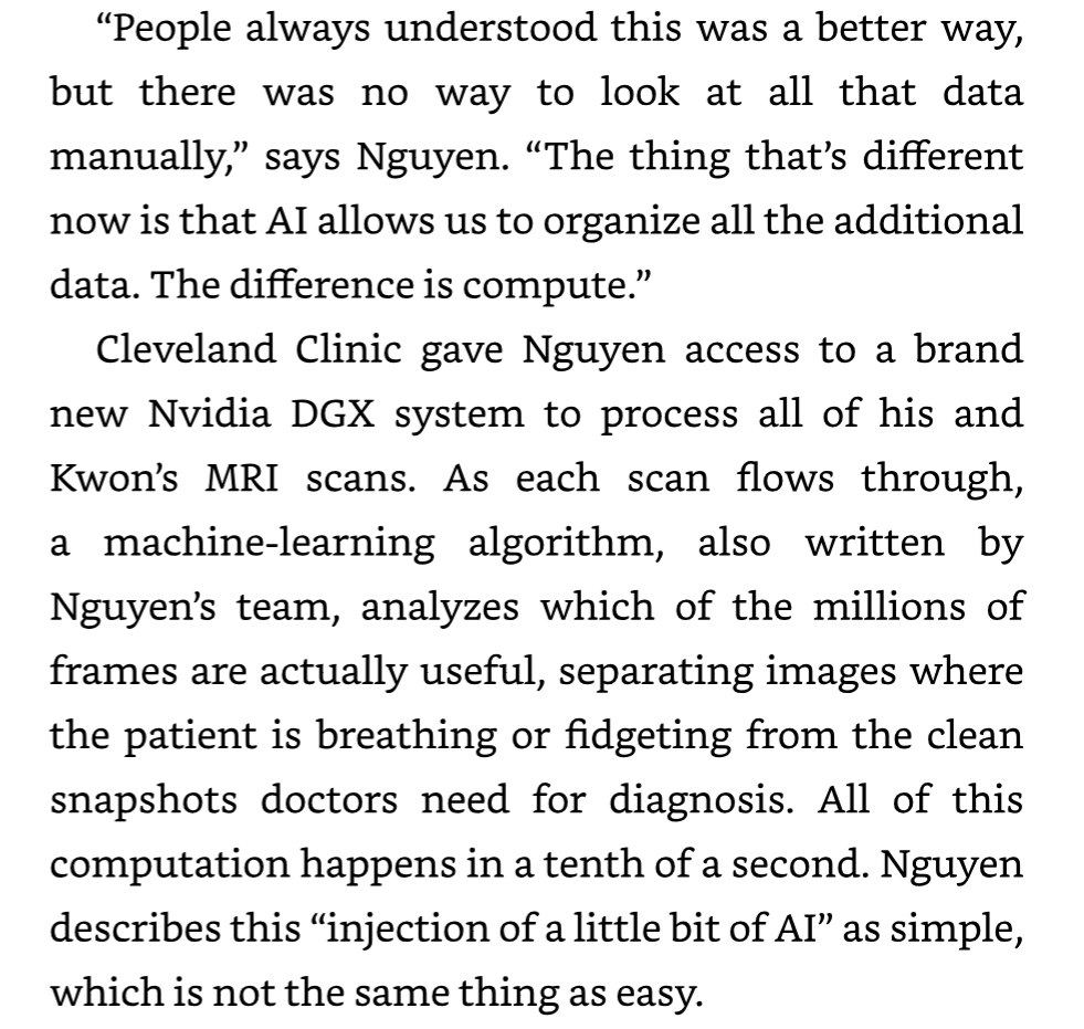 AI for Good excerpt: AI lets Nguyen organize all the additional data on an Nvidia DGX system, sorting millions of MRI frames in a tenth of a second; simple is not the same as easy