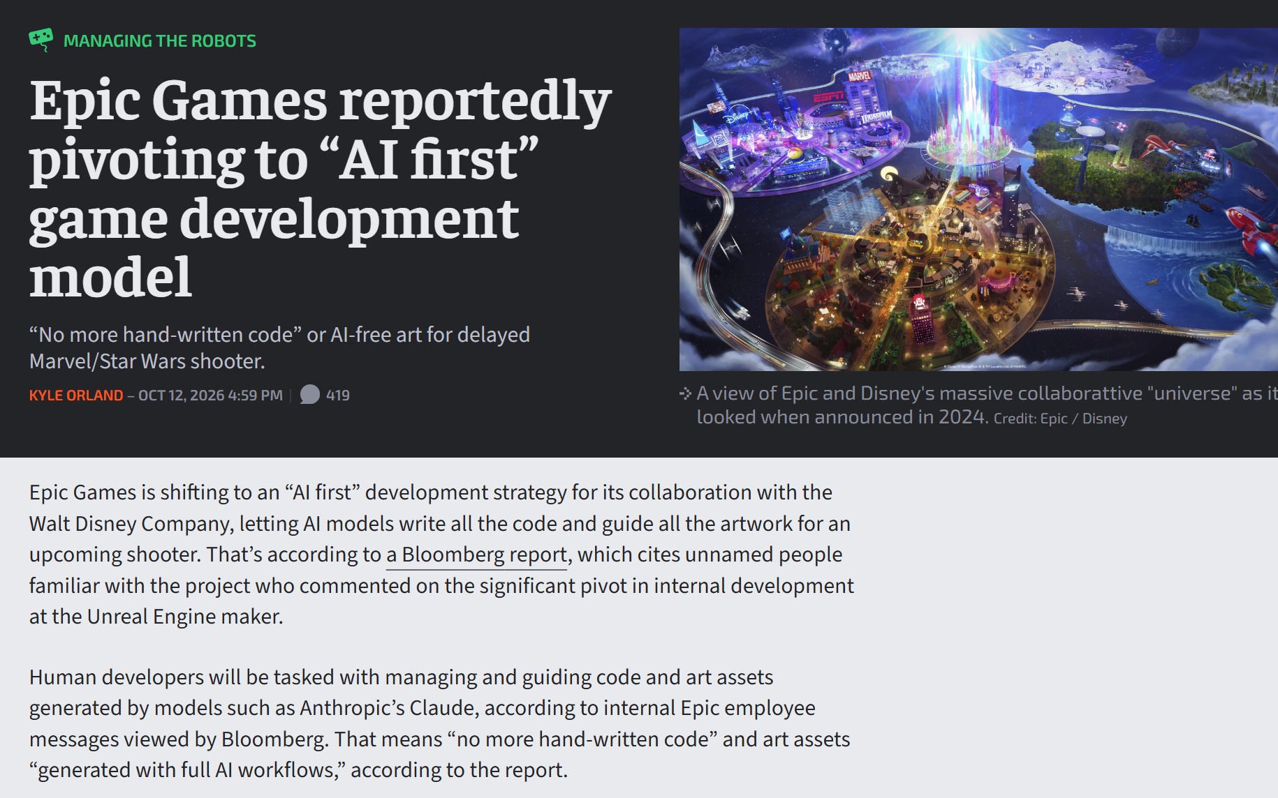 Ars Technica headline: Epic Games reportedly pivoting to AI first game development model; No more hand-written code for a delayed Marvel/Star Wars shooter, with Claude generating code and art assets that human developers manage