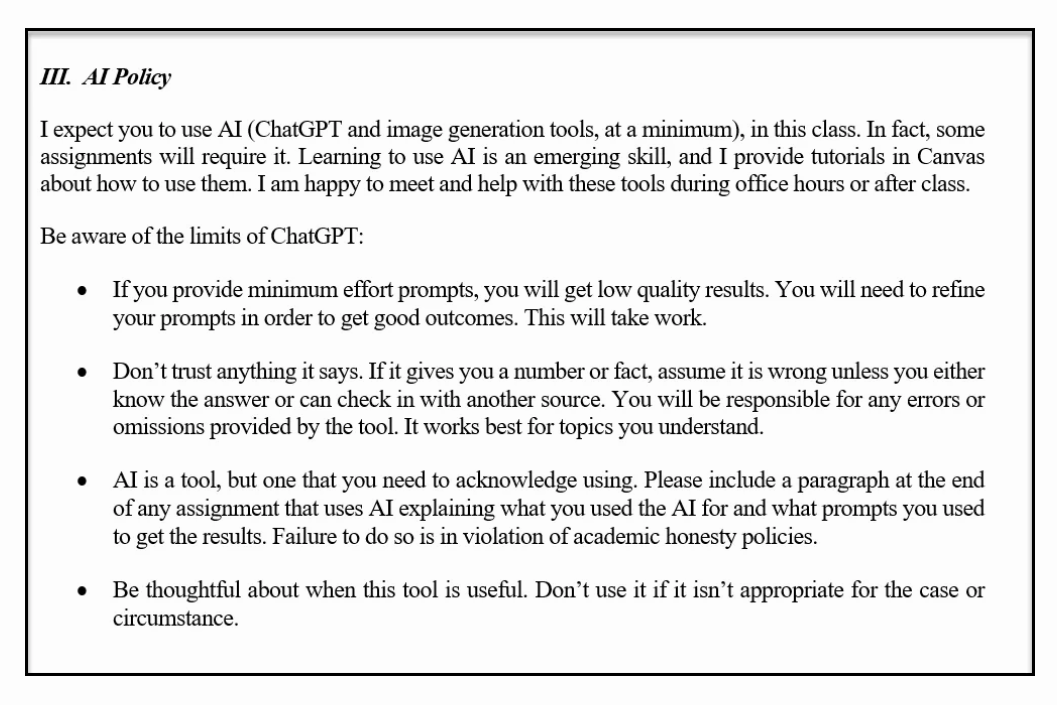 Ethan Mollick's syllabus AI policy: students are expected to use AI as a writing/thinking tool, must take responsibility for accuracy and citation, and the AI is treated as a sometimes-unreliable collaborator.