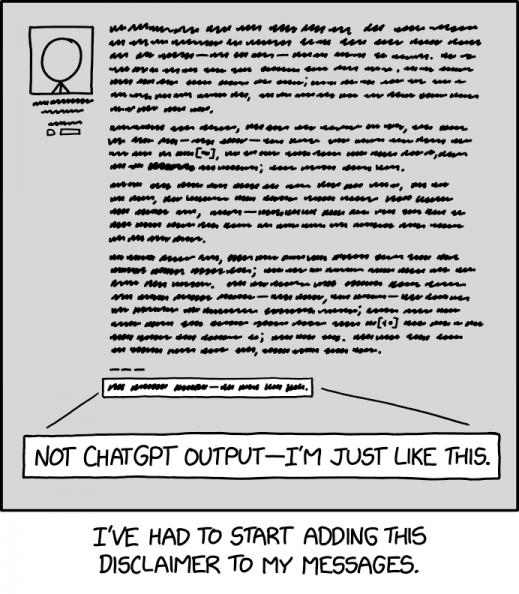An xkcd webcomic about disclaimers and trust in AI-generated content.