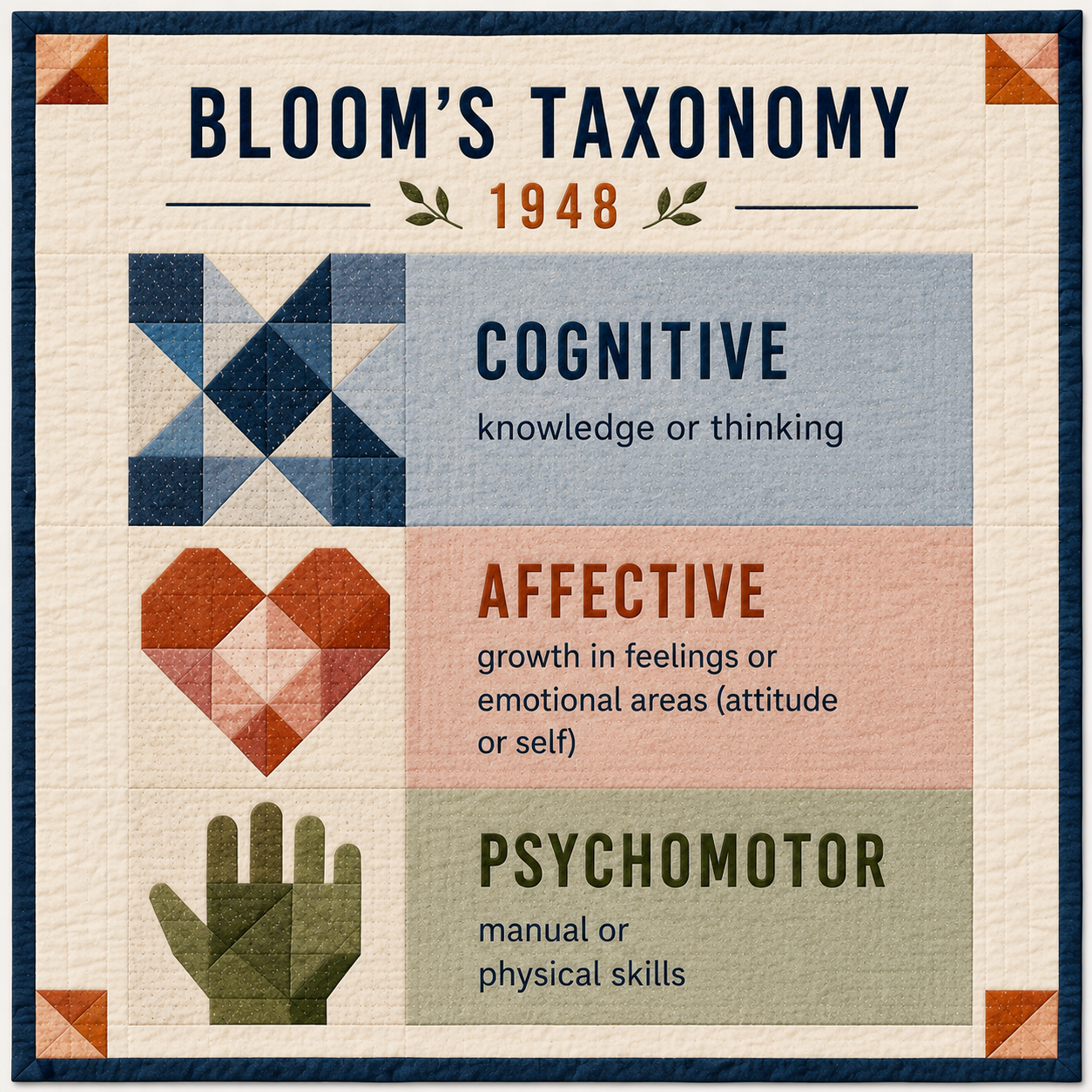 A pyramid illustrating Bloom's original 1948 cognitive taxonomy: knowledge at the base, then comprehension, application, analysis, synthesis, and evaluation at the top.