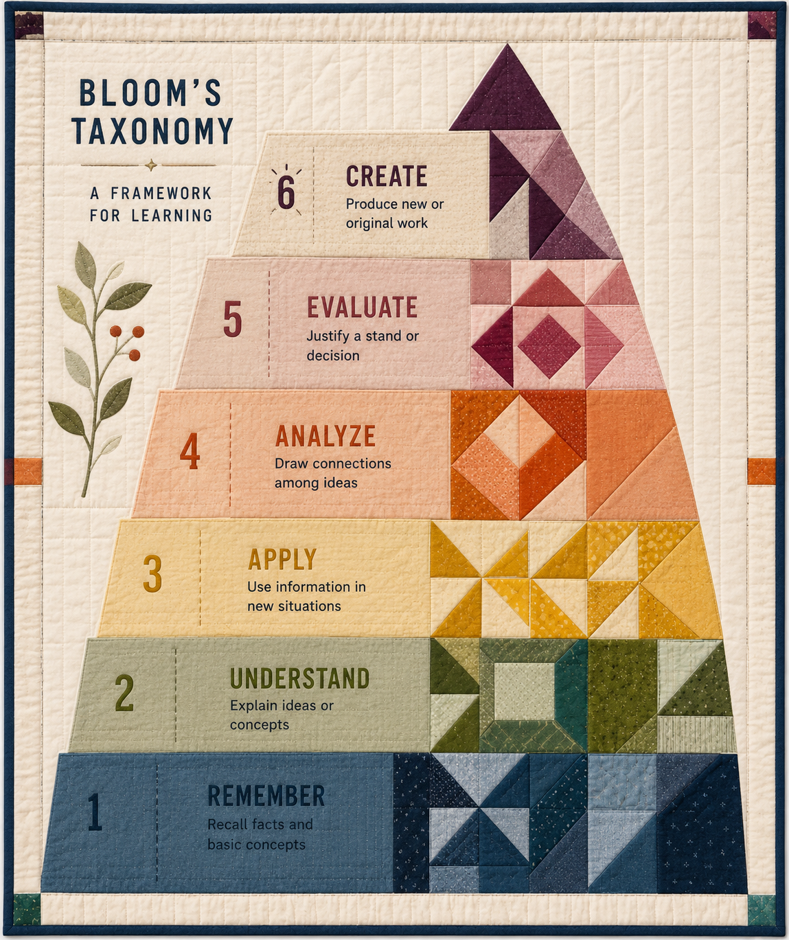 The 2001 revised Bloom's cognitive pyramid using verbs: remember, understand, apply, analyze, evaluate, and create at the top.