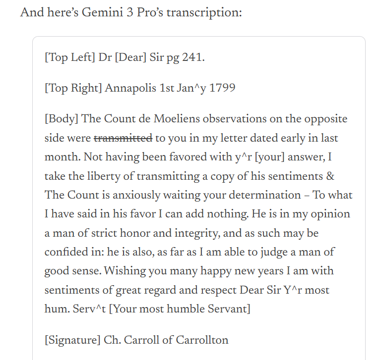 Screenshot of Gemini's interface showing its transcription and step-by-step analysis of the handwritten letter, including its reasoning about letter shapes and word possibilities.