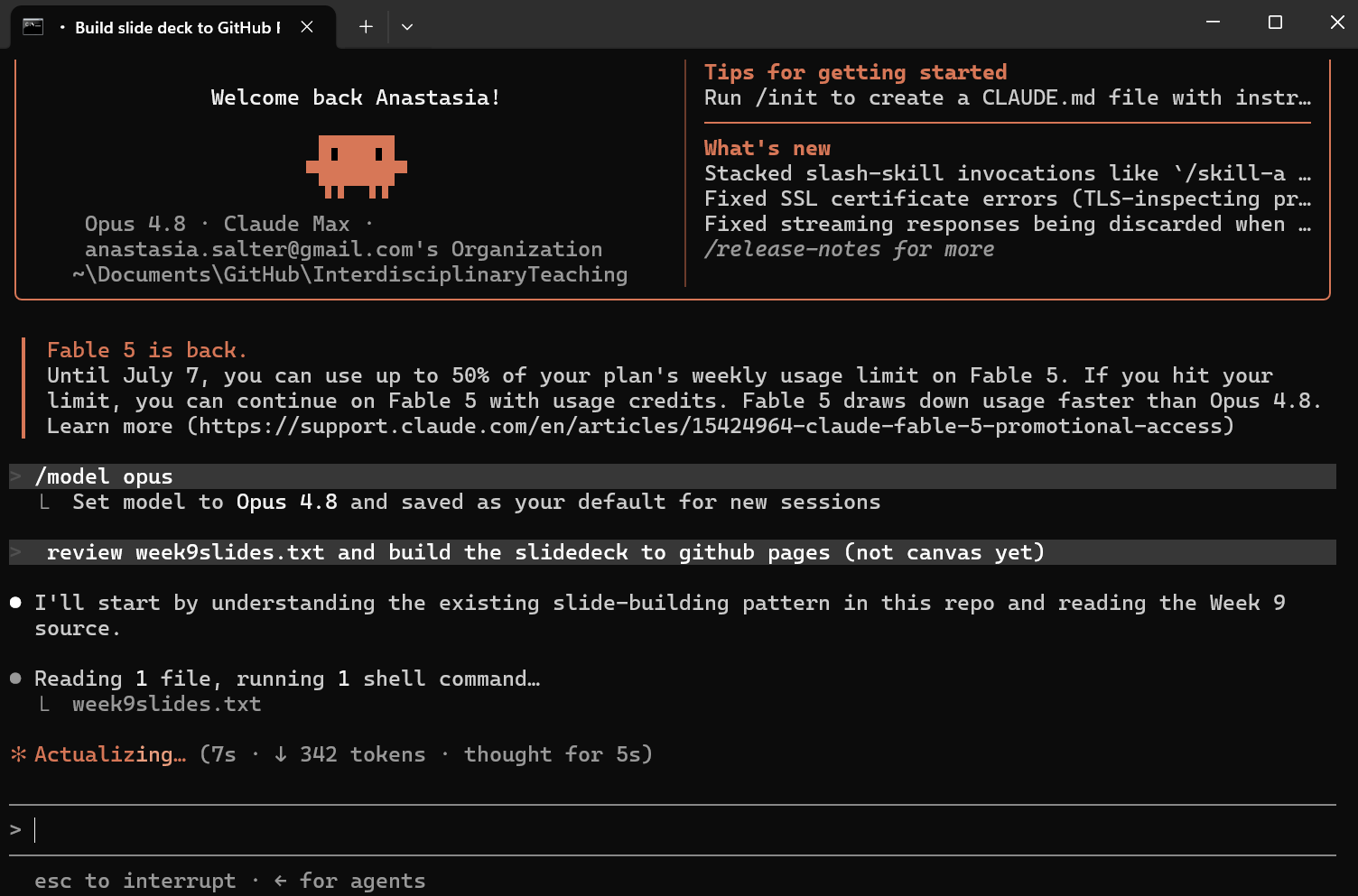 A Claude Code terminal session titled 'Build slide deck to GitHub,' showing the prompt 'review week9slides.txt and build the slidedeck to github pages' and Claude beginning to read the source file and generate the deck.