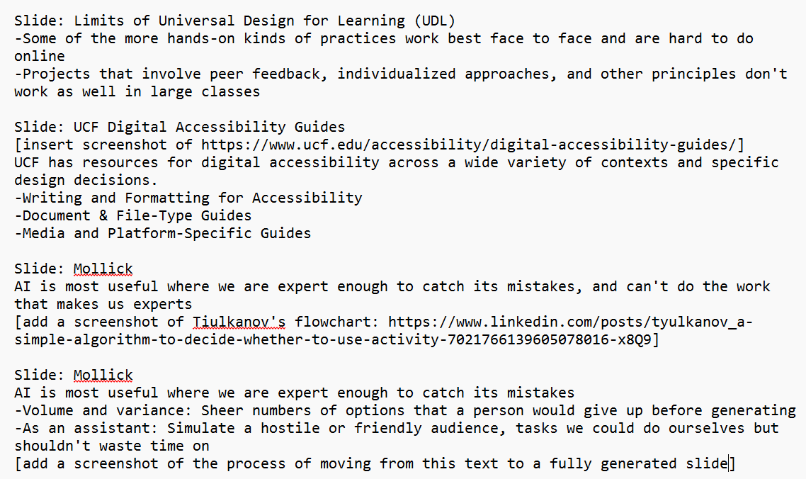 A plain-text notes file listing slide titles and bullet points for the week, including 'UCF Digital Accessibility Guides' and two 'Mollick' slides with bracketed instructions to add screenshots.