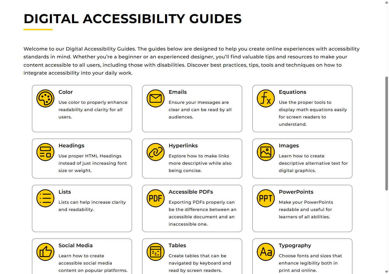 The UCF Digital Accessibility Guides web page, headed 'Digital Accessibility Guides,' with an intro paragraph and a grid of topic cards: Color, Emails, Equations, Headings, Hyperlinks, Images, Lists, Accessible PDFs, PowerPoints, Social Media, Tables, and Typography.