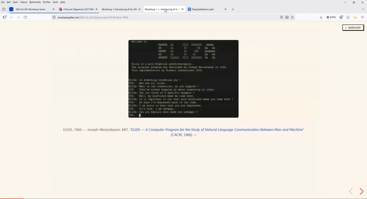 Slide showing a retro terminal-style screenshot of the 1966 ELIZA DOCTOR program transcript, with a citation line below