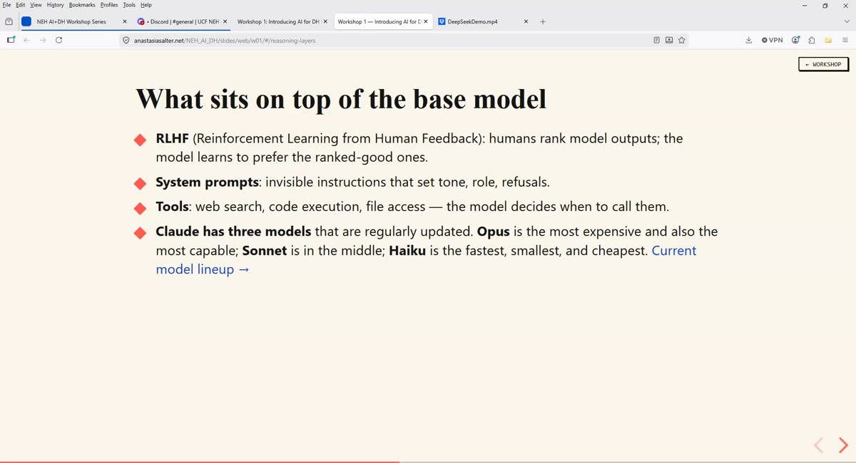 Bullet slide on what sits on top of the base model — reinforcement learning from human feedback, system prompts, tools, and the Claude Opus, Sonnet, and Haiku tiers