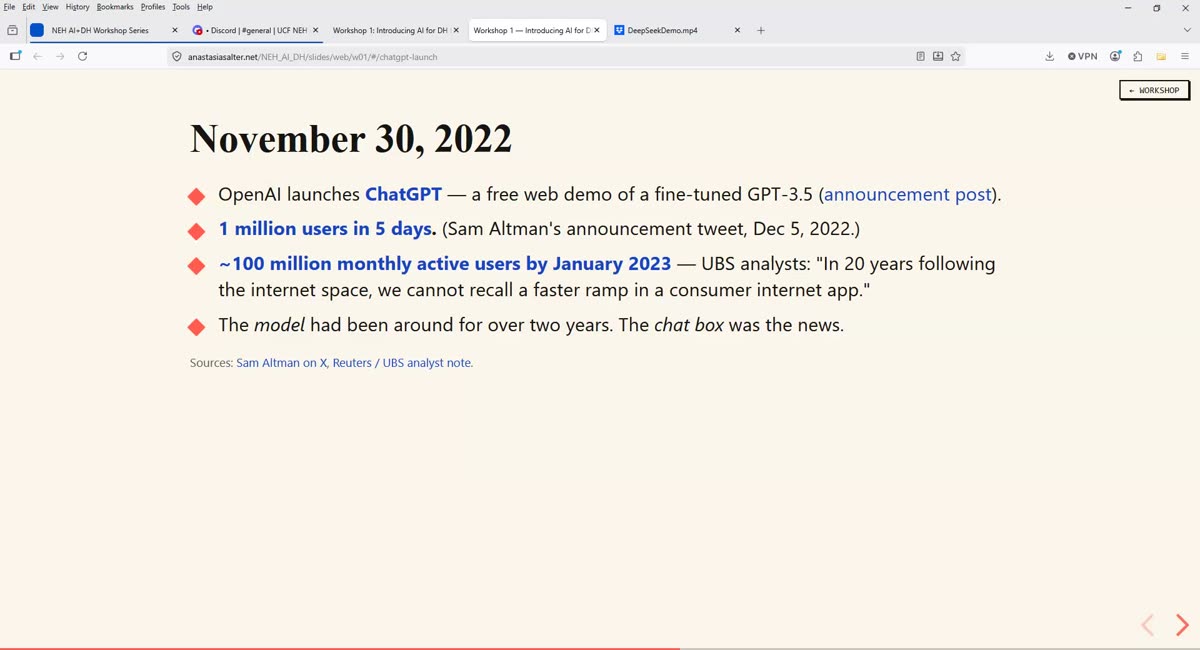 Bullet slide headed November 30, 2022, listing ChatGPT launch facts with cited sources