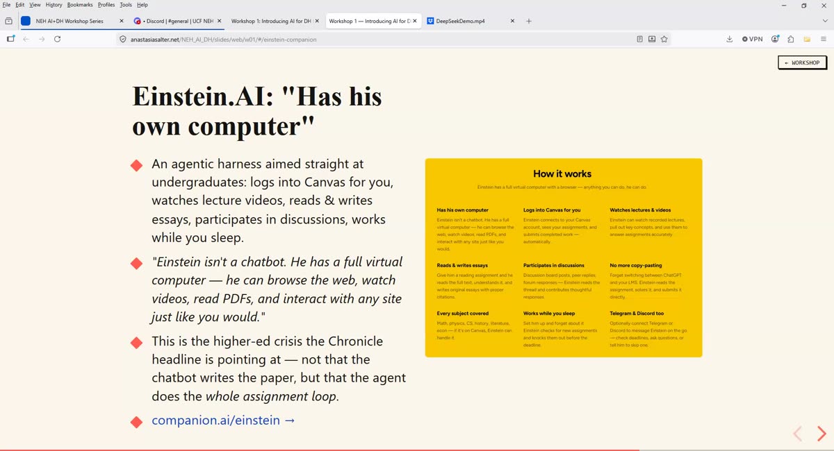 Slide showing an Einstein.AI agentic-tool example with an embedded graphic panel