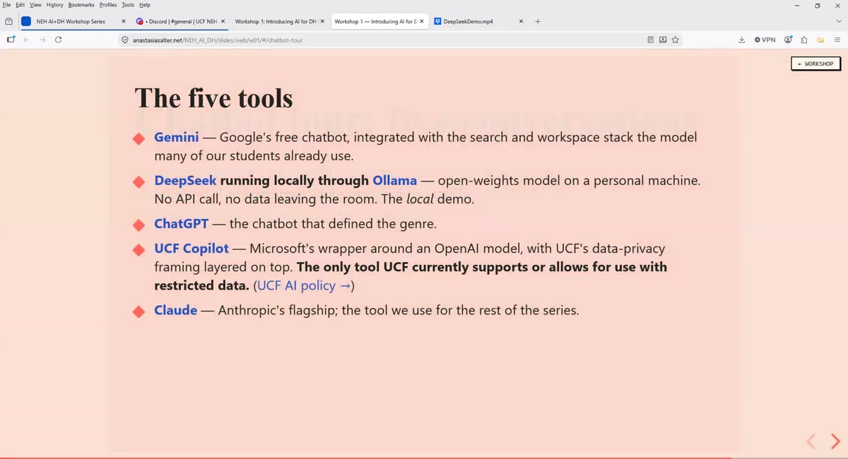Bullet slide titled the five tools, listing Gemini, DeepSeek via Ollama, ChatGPT, UCF Copilot, and Claude with short descriptions