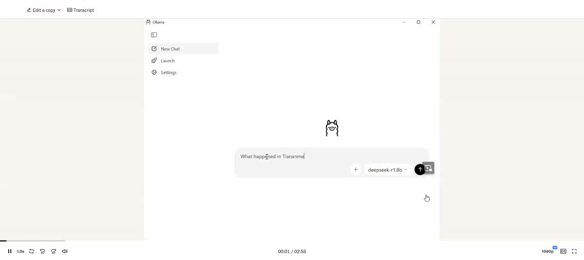 Screen-share of a recorded demo video showing an Ollama desktop chat window with the deepseek-r1 model selected and a typed prompt about Tiananmen Square