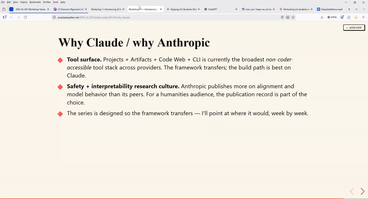 Bullet slide titled Why Claude / why Anthropic, listing tool surface breadth and a safety and interpretability research culture
