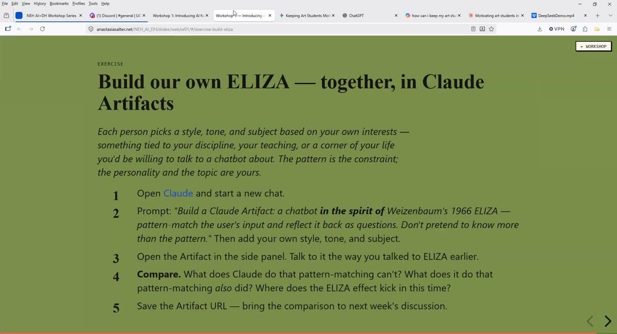 Exercise-instruction slide titled Build our own ELIZA together in Claude Artifacts, with numbered steps
