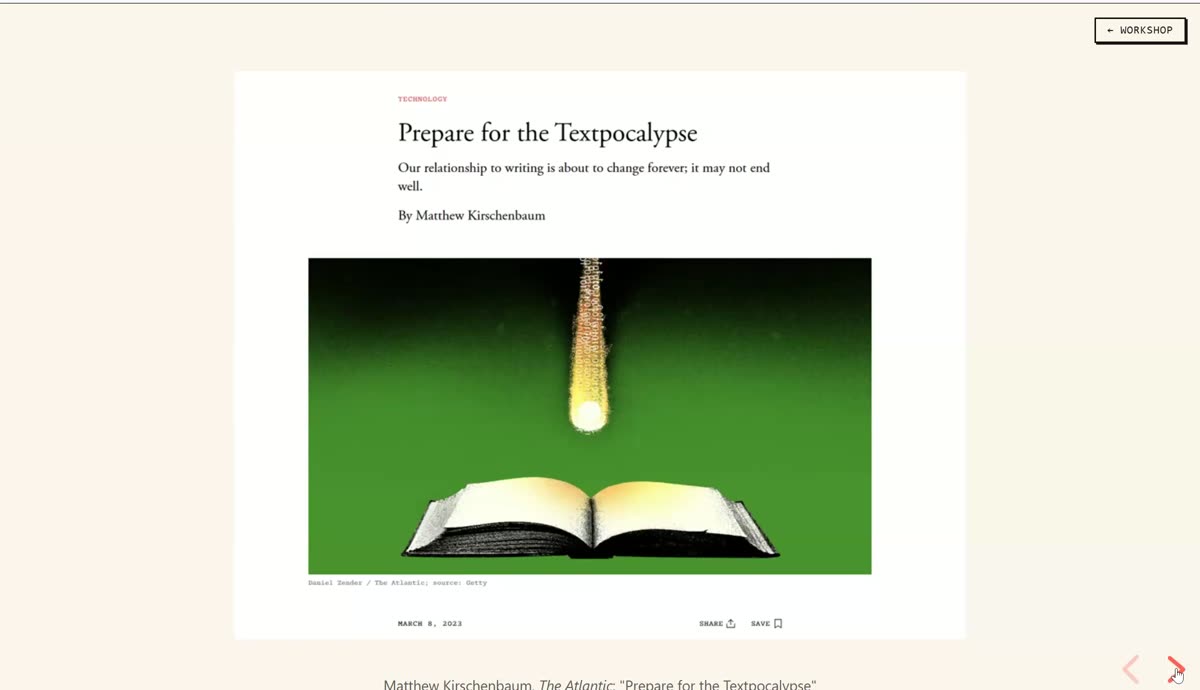 Slide showing Matthew Kirschenbaum's Atlantic article Prepare for the Textpocalypse, with an illustration of a fiery comet descending toward an open book