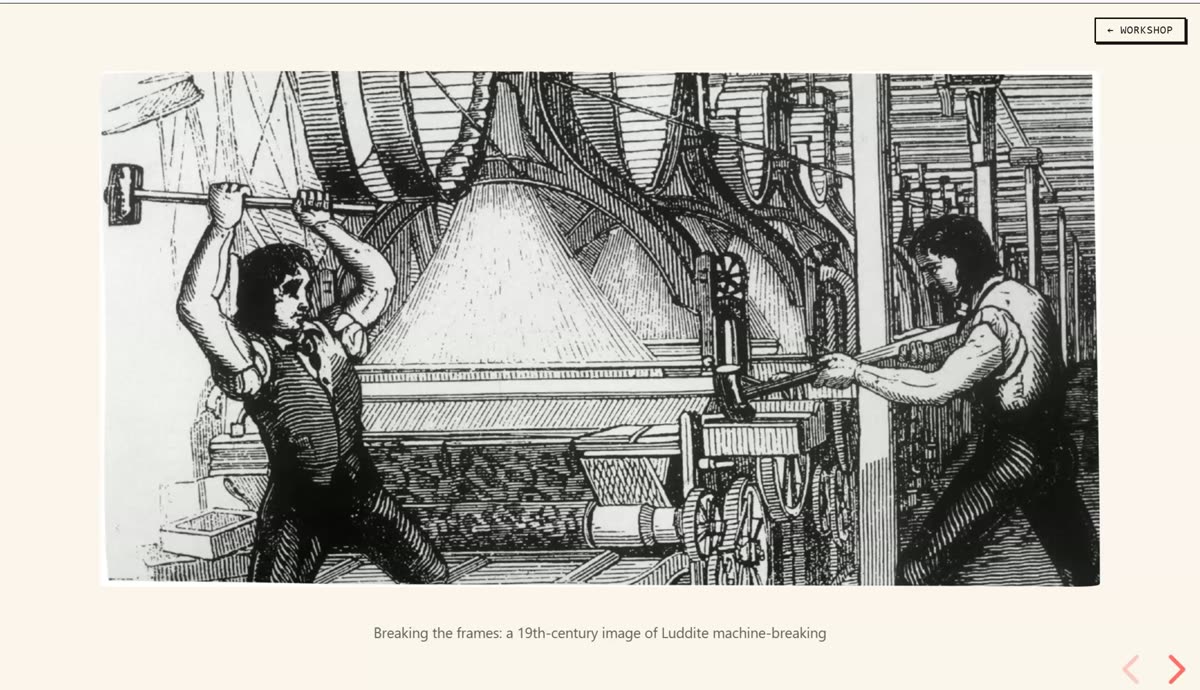 Slide with a 19th-century engraving of two Luddites breaking a mechanized loom with hammers, captioned Breaking the frames