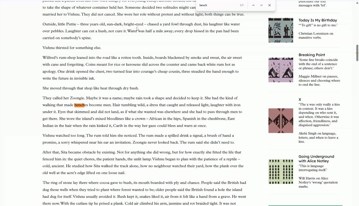 The Serpent in the Grove story text on the Granta website, with an in-page search highlighting the word bench in the line about walking that made benches become men