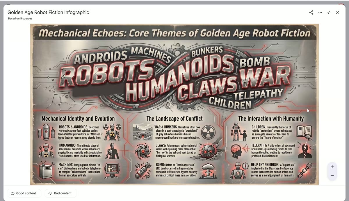 NotebookLM-generated infographic titled Mechanical Echoes: Core Themes of Golden Age Robot Fiction, rendered in a distressed gray-and-red retro style with sections on mechanical identity, conflict, and humanity