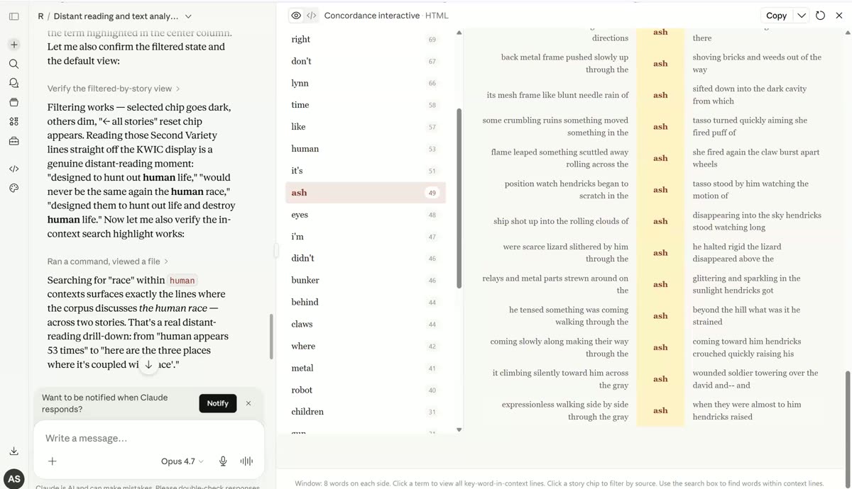 Interactive HTML concordance Artifact showing ranked term frequencies beside key-word-in-context lines for the term ash across the robot story corpus