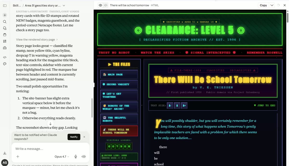 Claude-generated GeoCities-style story archive page with neon terminal colors, showing a robot story rendered as a retro fan page with period-correct navigation buttons