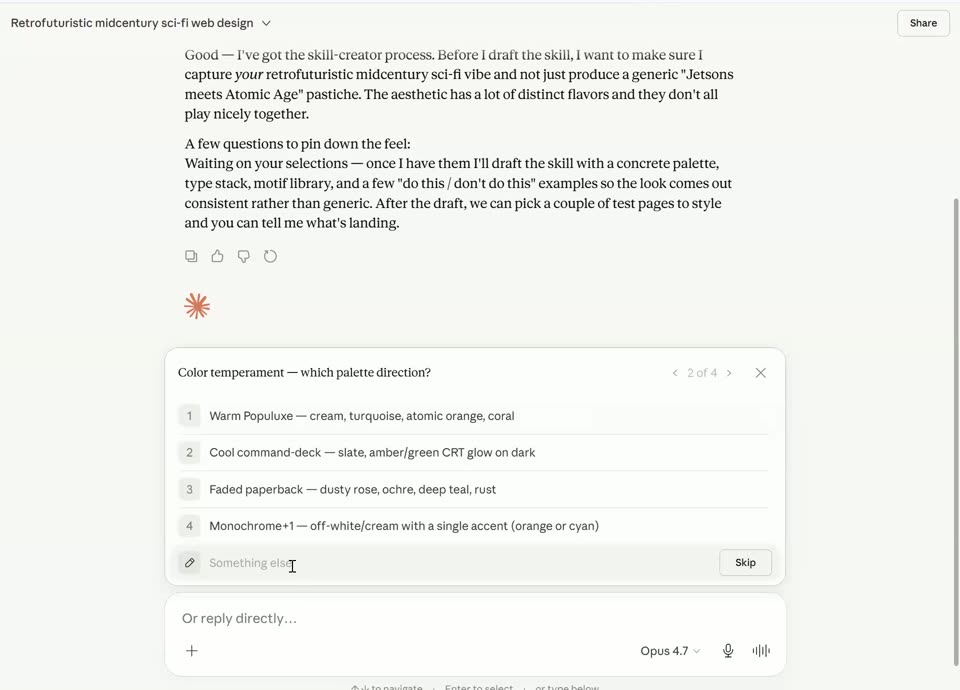Claude Skill Creator conversation asking multiple-choice questions about palette direction for a retrofuturistic midcentury sci-fi design skill, with options including warm Populuxe, cool command-deck, and faded paperback