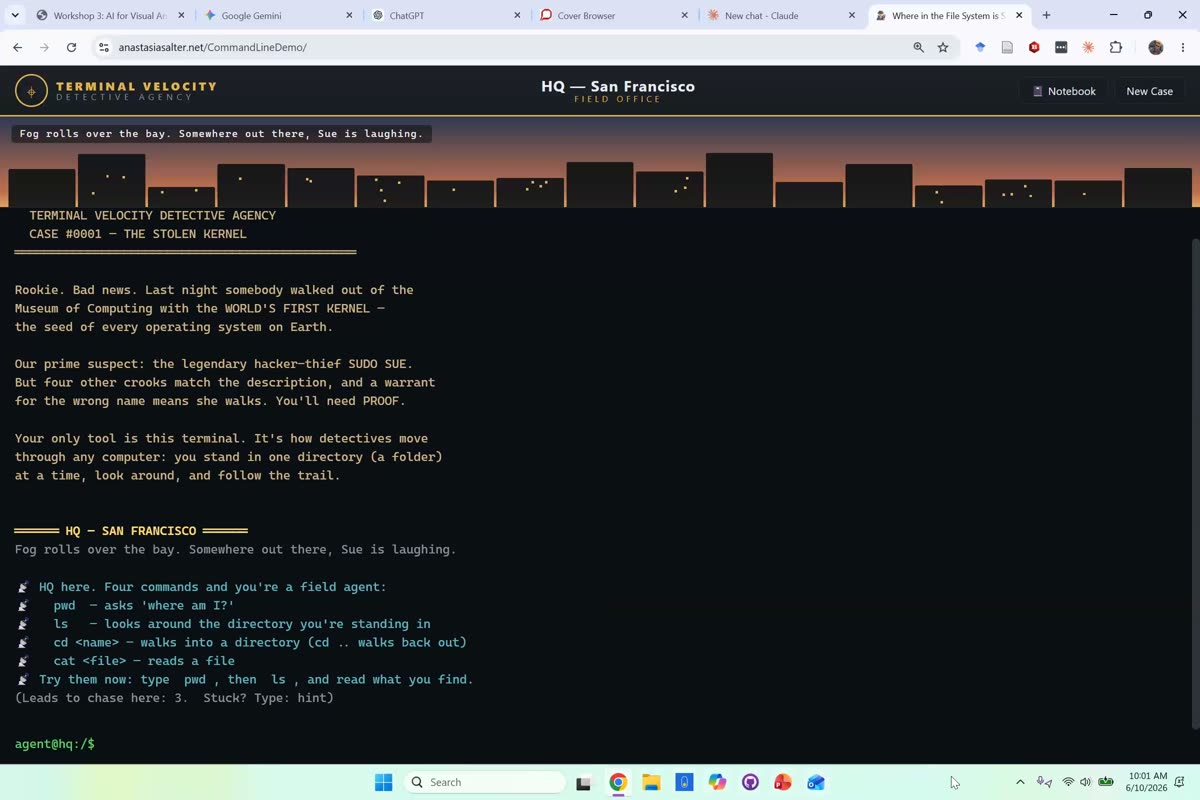 Browser showing a terminal-style command-line teaching game titled Terminal Velocity Detective Agency, with a case briefing about a stolen kernel and a command reference for pwd, ls, cd, and cat