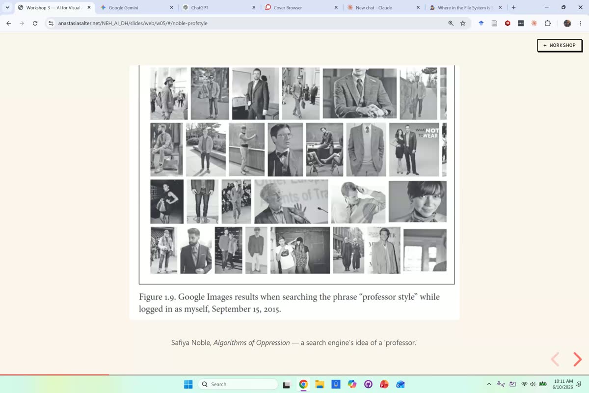 Black-and-white grid of Google Images search results for professor style from Safiya Noble's Algorithms of Oppression, captioned as a search engine's idea of a professor