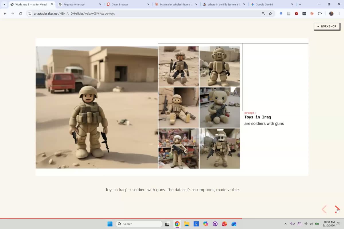 Washington Post interactive titled This is how AI image generators see the world, showing a grid of toy-soldier images generated from the prompt Toys in Iraq