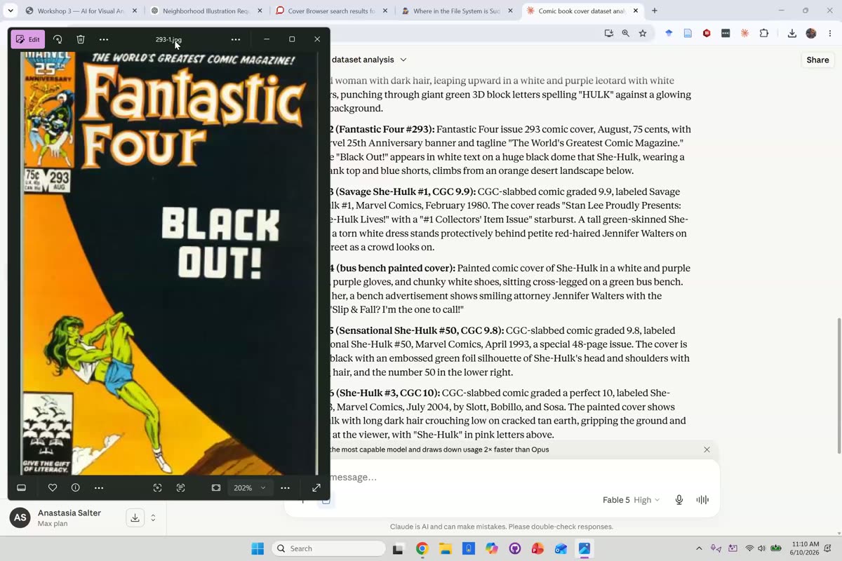 Windows image viewer showing the Fantastic Four #293 comic cover beside a Claude chat pane generating descriptive text about the cover