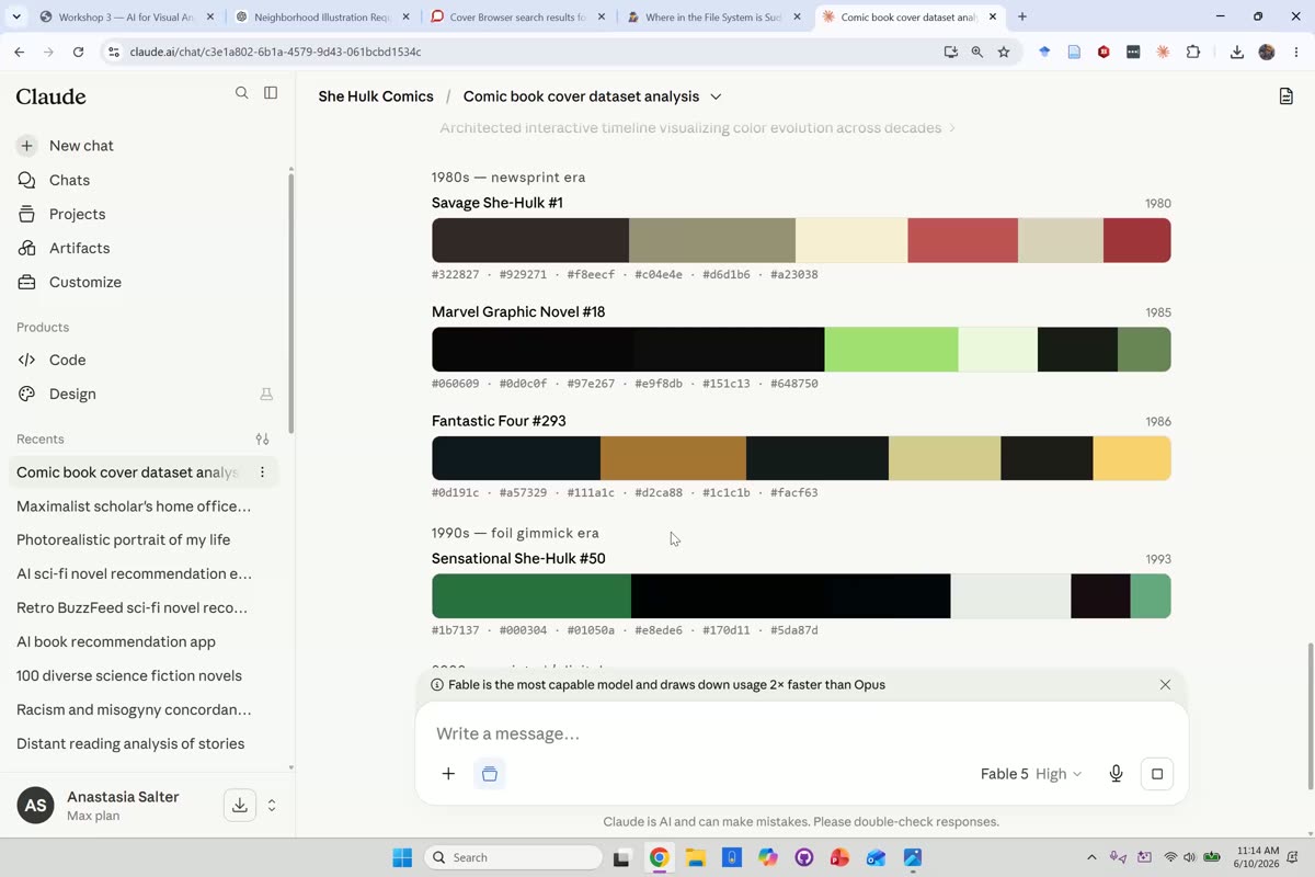 Claude conversation showing generated color-palette swatches with hex codes for She-Hulk comic covers grouped by decade, from a 1980s newsprint era to a 1990s foil era