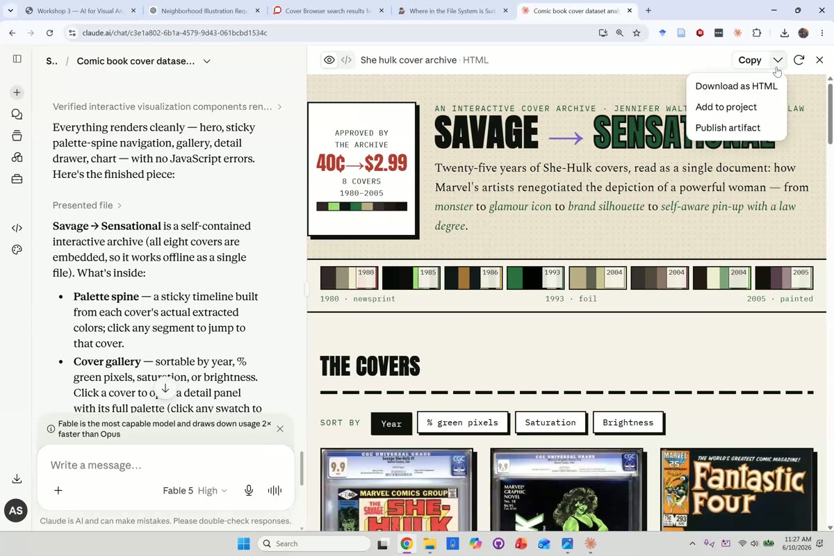 Finished interactive She-Hulk cover archive Artifact titled Savage to Sensational, showing cover thumbnails with year and palette labels and sort controls