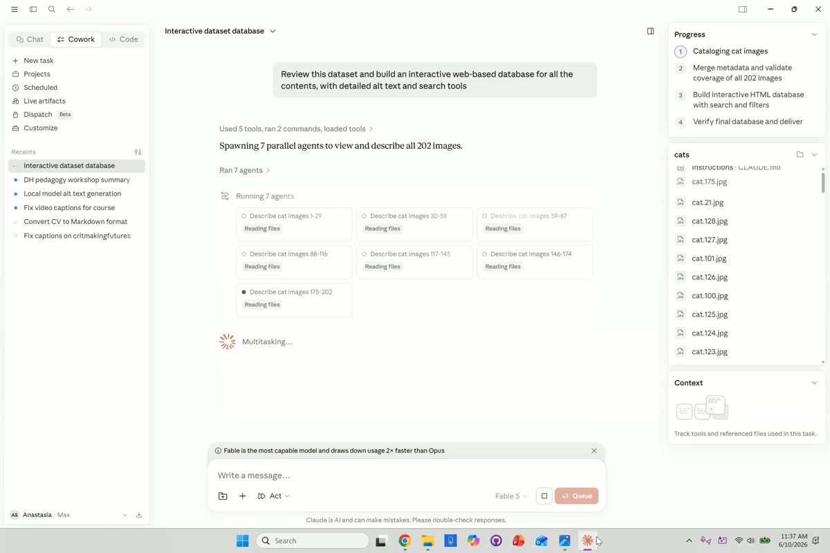 Cowork desktop app showing the message Spawning 7 parallel agents to view and describe all 202 images, with seven agent-status tiles and a scrolling list of cat image filenames