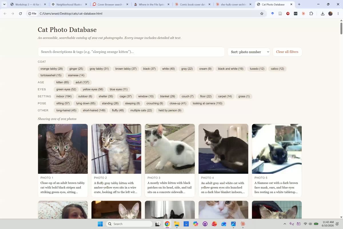 Locally generated interactive Cat Photo Database in a browser, with a search bar, filter tag chips by category, and a grid of cat photos each carrying generated alt-text captions