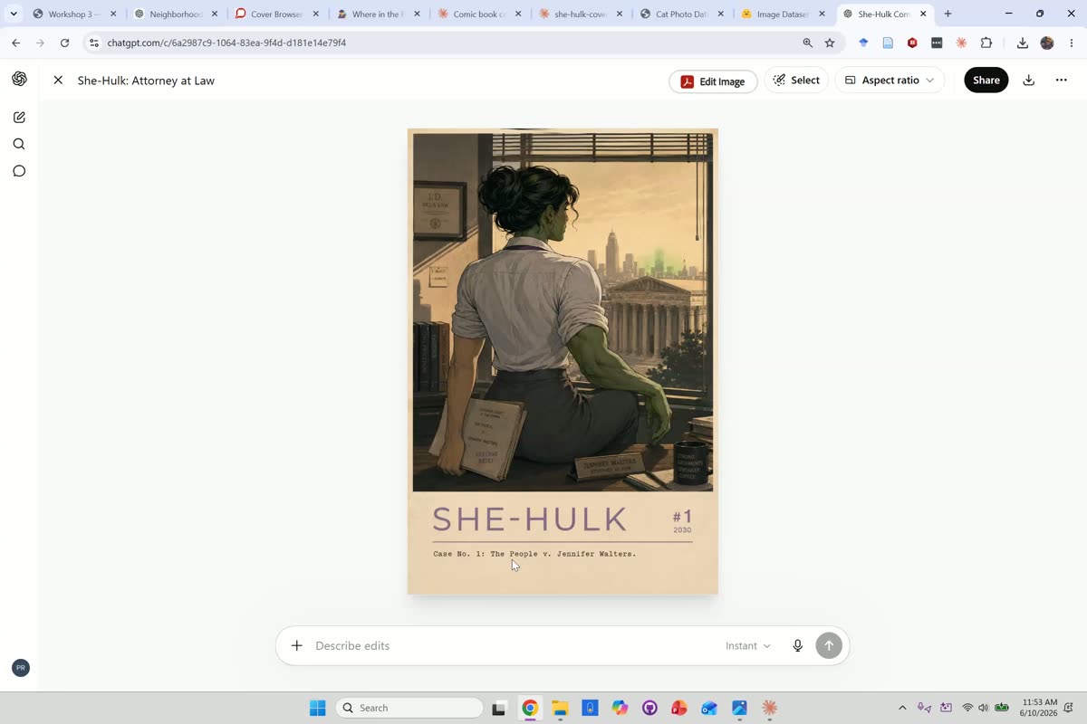 ChatGPT image-generation pane showing a generated She-Hulk comic cover with the character seated at a desk overlooking a city skyline, surrounded by law books