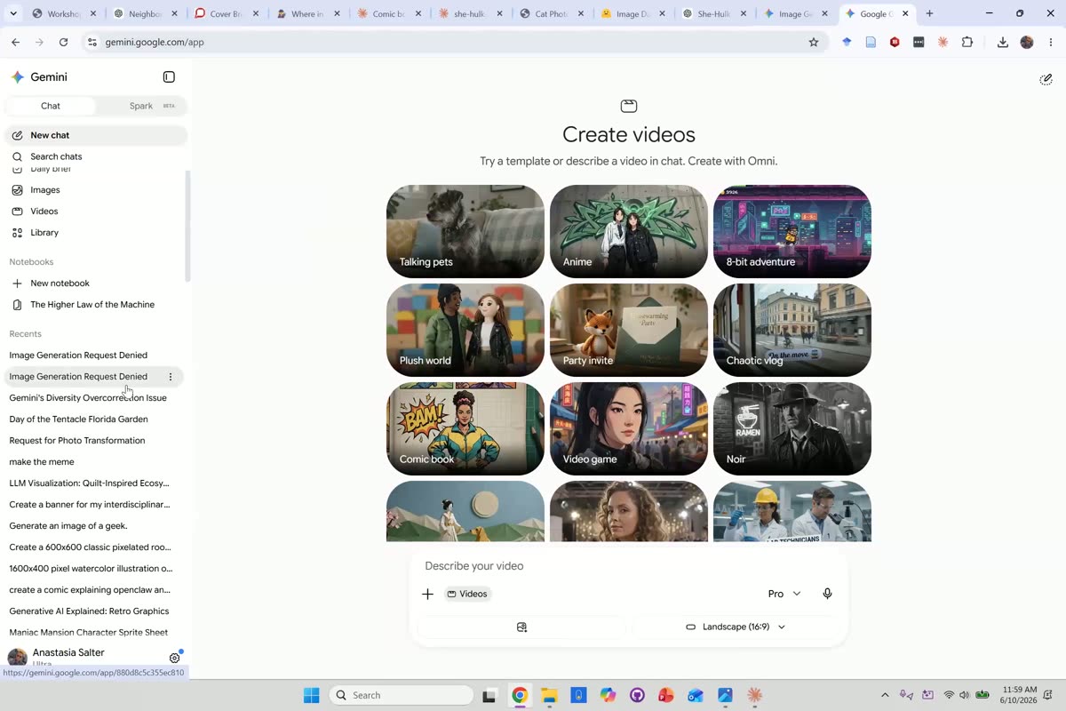 Google Gemini create-videos landing panel with generic template thumbnails, used to demonstrate inconsistent copyright and trademark guardrails