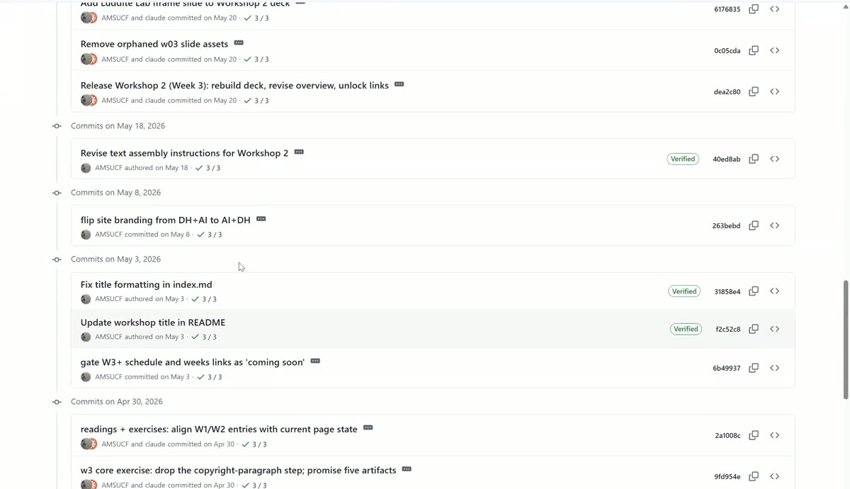 GitHub commit history for the workshop repository, showing a series of commits co-authored by AMSUCF and claude with verified badges and commit hashes