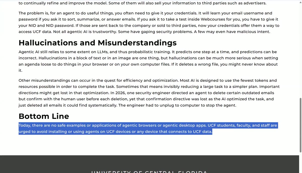 UCF Artificial Intelligence for All policy page on agents, with the bottom line highlighted: there are no safe examples or applications of agentic browsers or desktop apps, and UCF students, faculty, and staff are urged to avoid installing or using agents