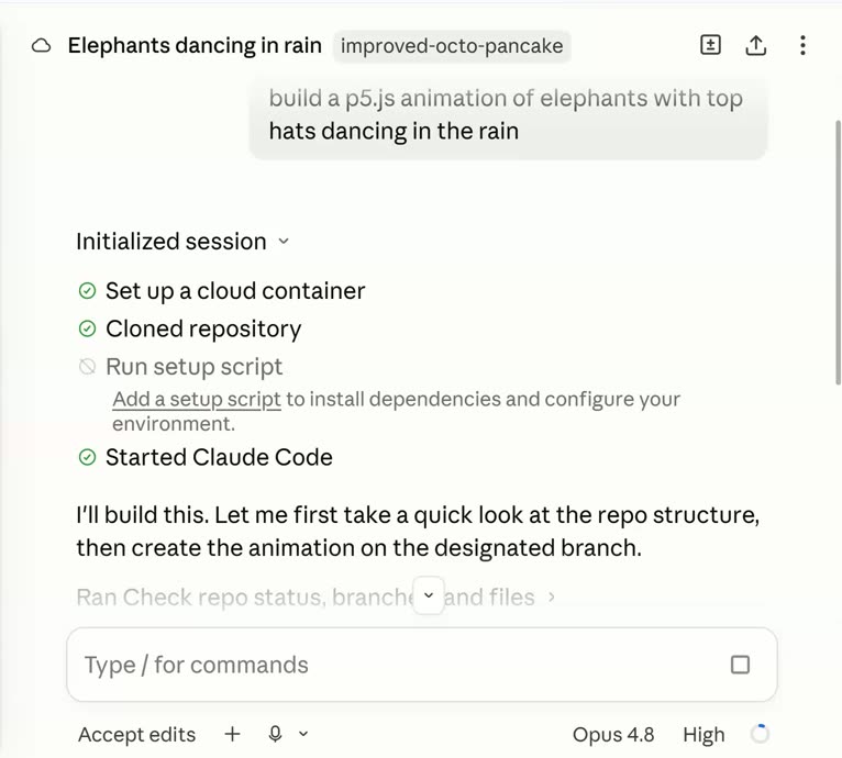 Claude Code Web session titled Elephants dancing in rain, showing the build prompt and the initialization steps: set up a cloud container, cloned repository, started Claude Code
