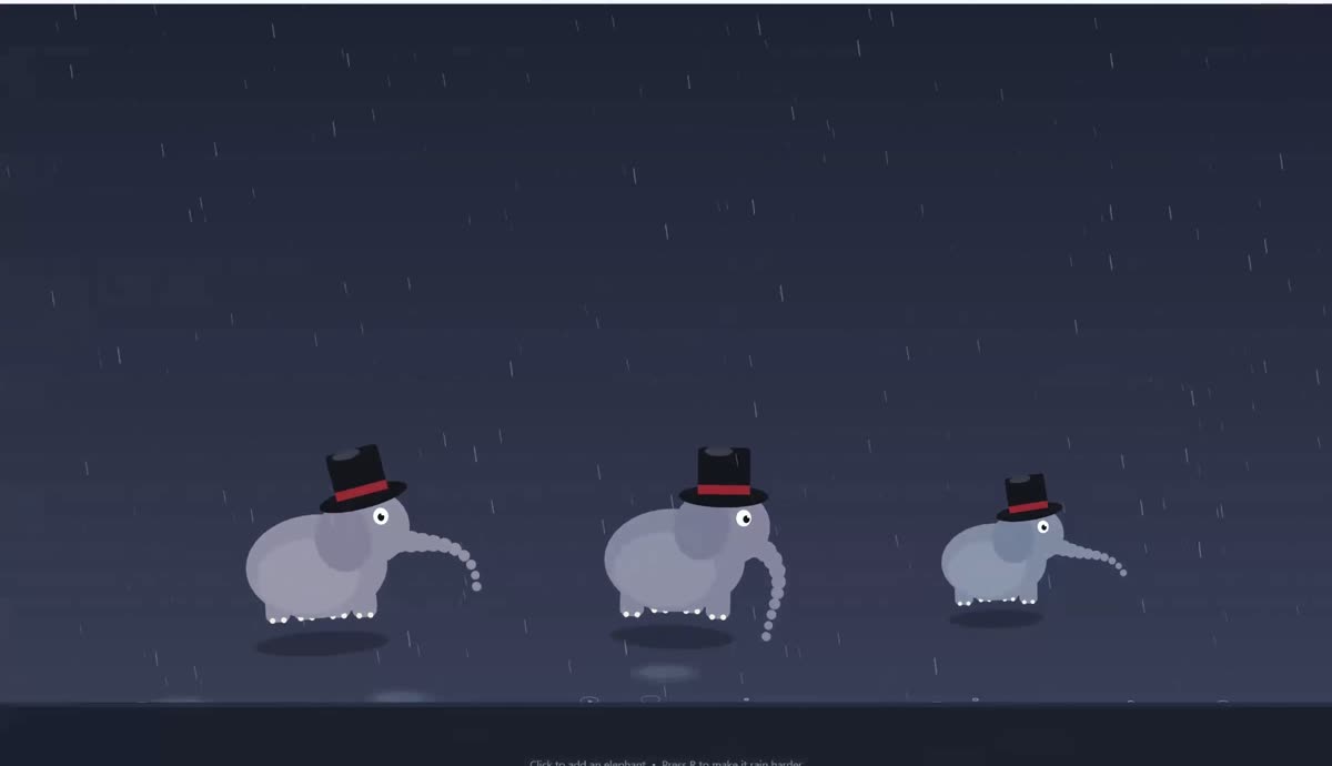 Deployed GitHub Pages site showing three cartoon elephants in red-banded top hats dancing in falling rain, with instructions to click to add an elephant and press R to make it rain harder