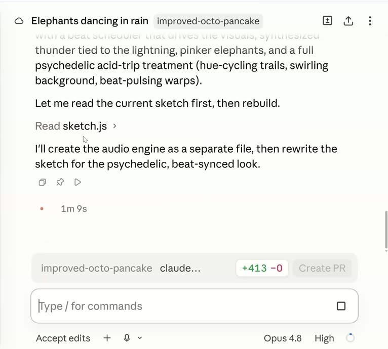 Claude Code Web session showing Claude planning the psychedelic rebuild: a web audio synth engine, synthesized thunder tied to lightning, pinker elephants, and hue-cycling trails, with a diff of 413 added lines pending