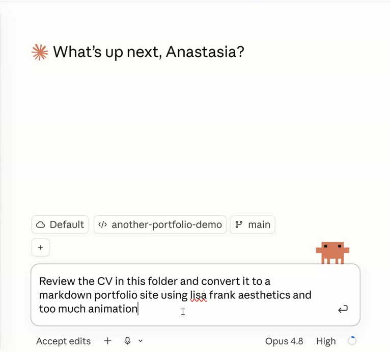 Claude Code Web new session connected to the another-portfolio-demo repository on the main branch, with a typed prompt asking Claude to review the CV in the folder and convert it to a Markdown portfolio site using Lisa Frank aesthetics and too much animation