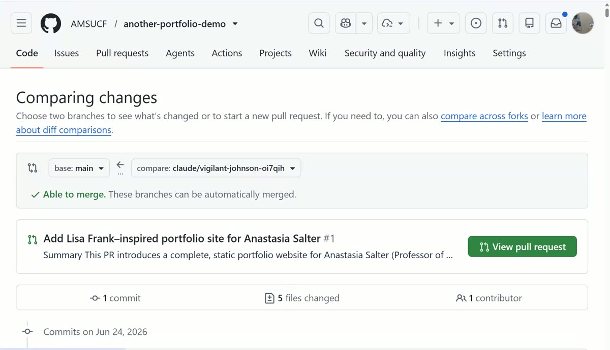 GitHub compare view for the portfolio repository showing Claude's auto-named branch able to merge, with a pull request titled Add Lisa Frank-inspired portfolio site and a green View pull request button
