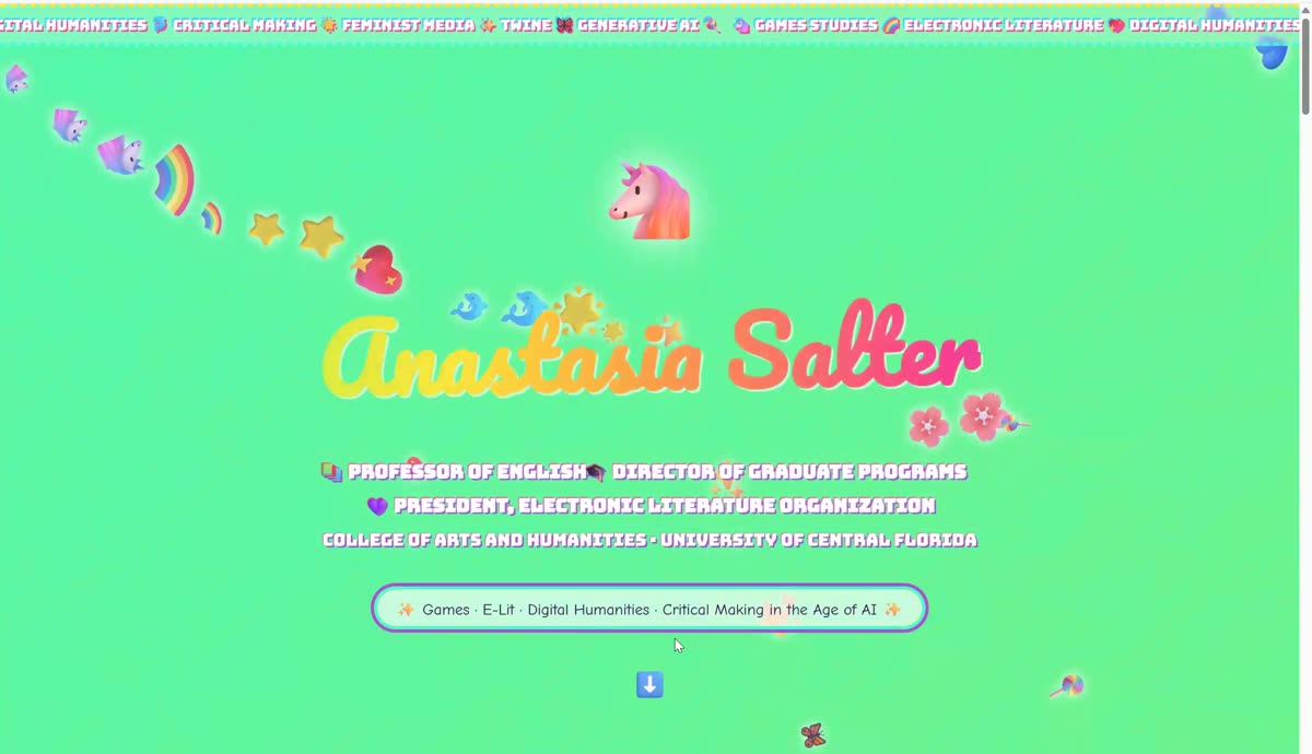 Deployed Lisa Frank-style portfolio site on a mint green background, with the name in rainbow bubble script, a unicorn emoji, sparkle decorations, and job titles rendered in glittery purple type