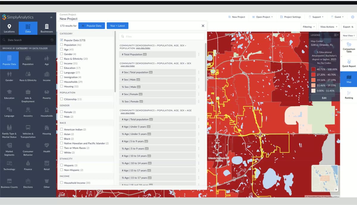 SimplyAnalytics mapping interface showing demographic data categories and a color-coded map of educational attainment by zip code around Orlando