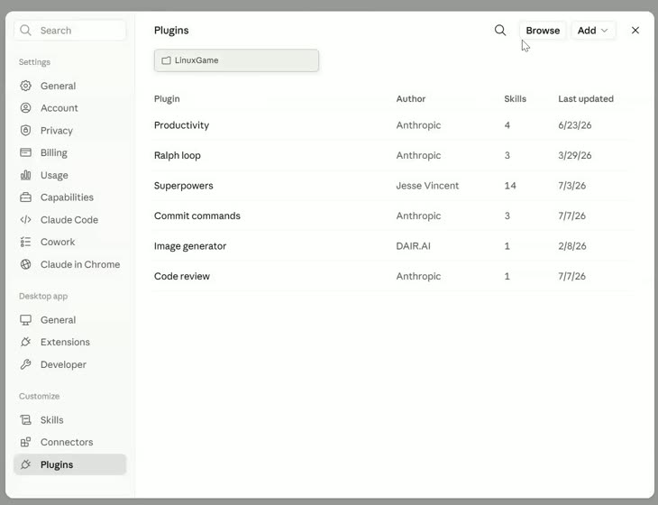 Claude Code Desktop plugins panel showing the Superpowers plugin alongside Anthropic plugins for productivity, commit commands, and code review