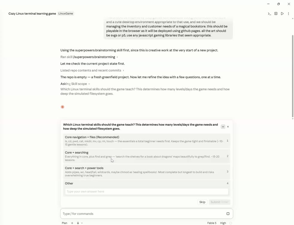 Claude Code Desktop in plan mode asking which Linux terminal skills the game should teach, with options ranging from core navigation to power tools