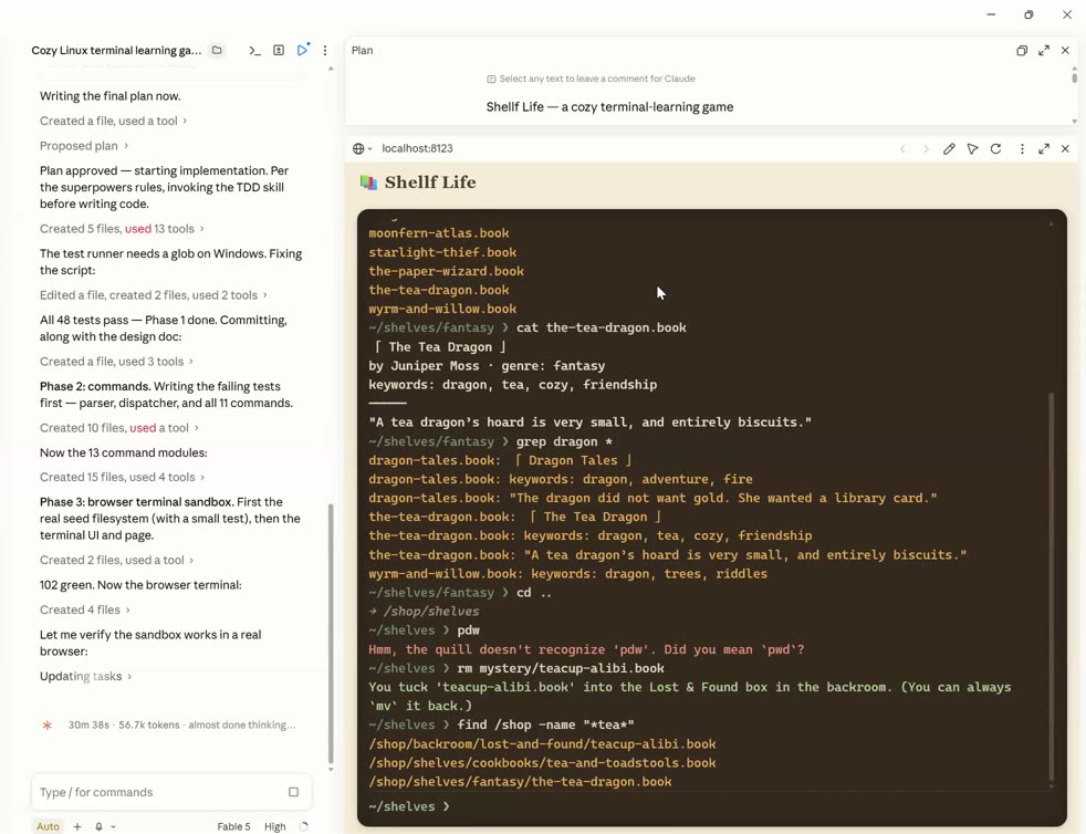 Claude Code Desktop building the game, with a local browser preview showing the Shellf Life terminal sandbox: a simulated bookshelf file system where cat and grep commands read cozy book files