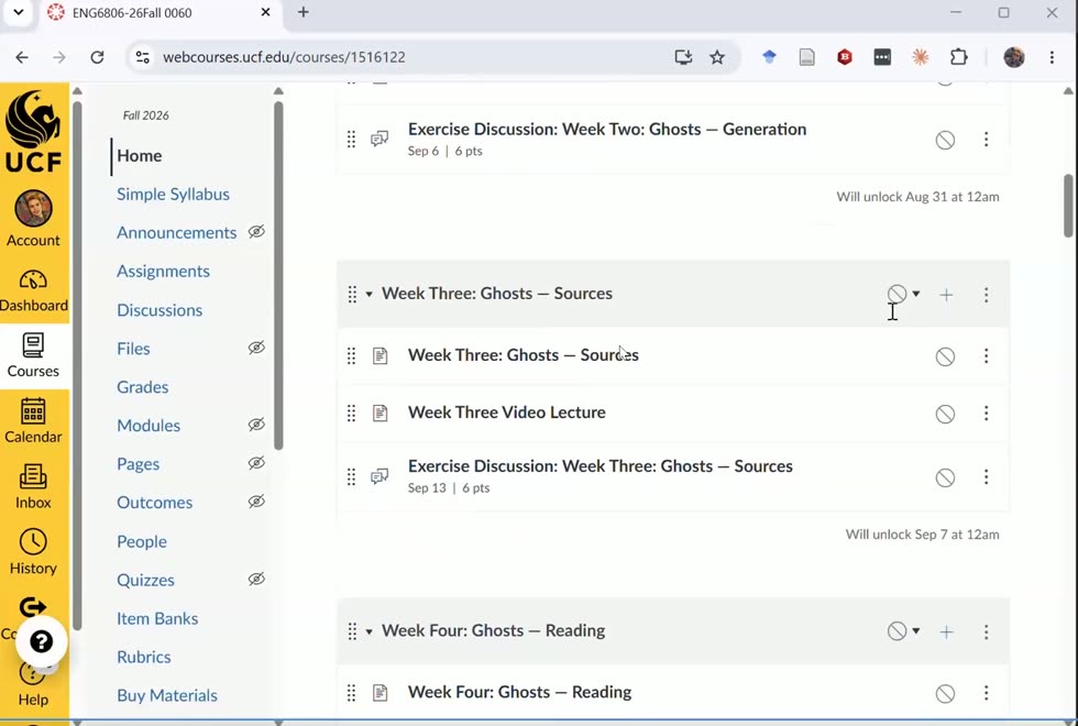 UCF Webcourses Canvas view of the rebuilt course, with weekly Ghost-themed modules, discussions, video lecture pages, and scheduled unlock dates all generated by the agent