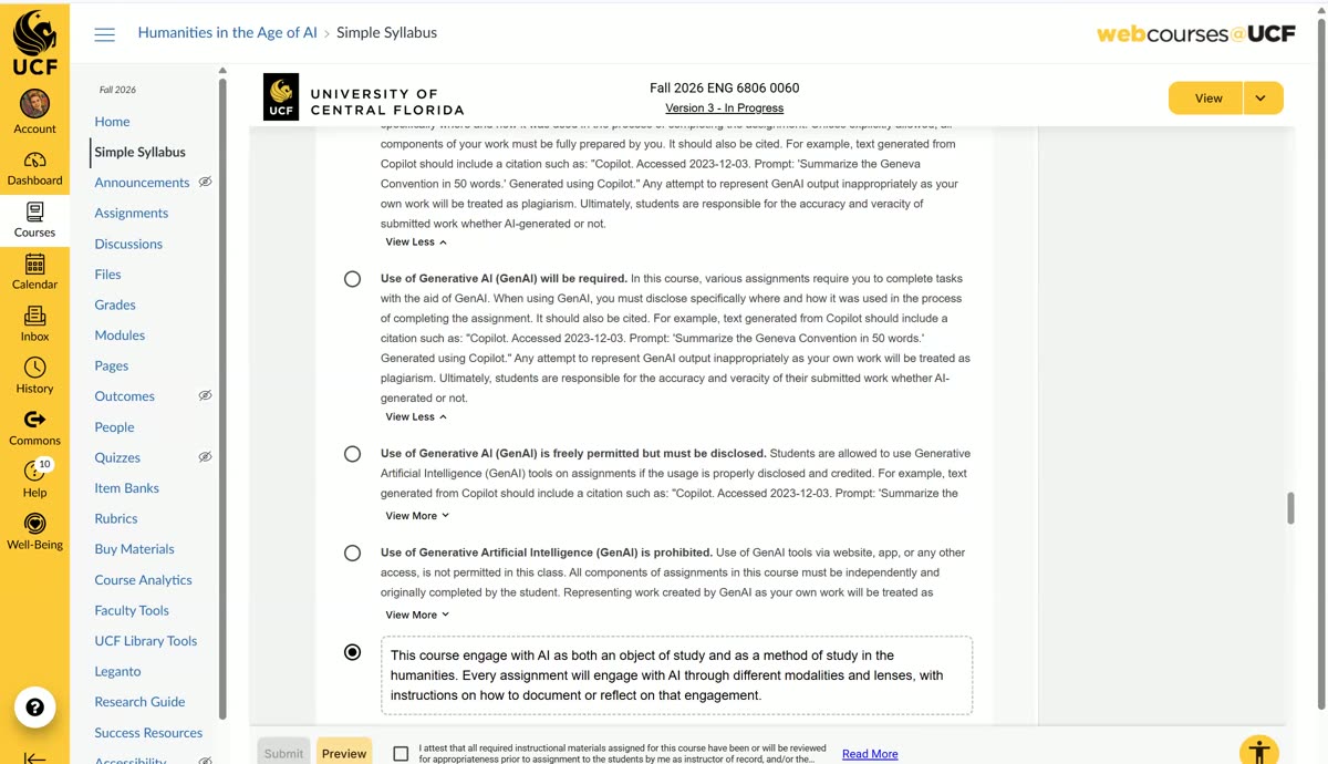 Simple Syllabus AI policy options, showing UCF's preset statements for required, permitted-with-disclosure, and prohibited AI use, with a custom two-sentence policy typed into the final option and selected